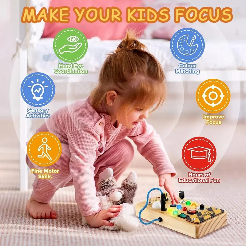 Montessori Busy Board Sensorisches Spielzeug aus Holz mit LED-Lichtschalter-Steuerplatine Reiseaktivitäten Kinderspiele für 2–4 Jahre alt