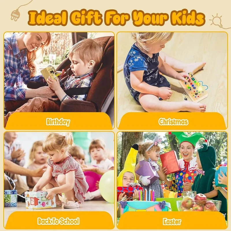 Montessori Busy Board Sensorisches Spielzeug aus Holz mit LED-Lichtschalter-Steuerplatine Reiseaktivitäten Kinderspiele für 2–4 Jahre alt