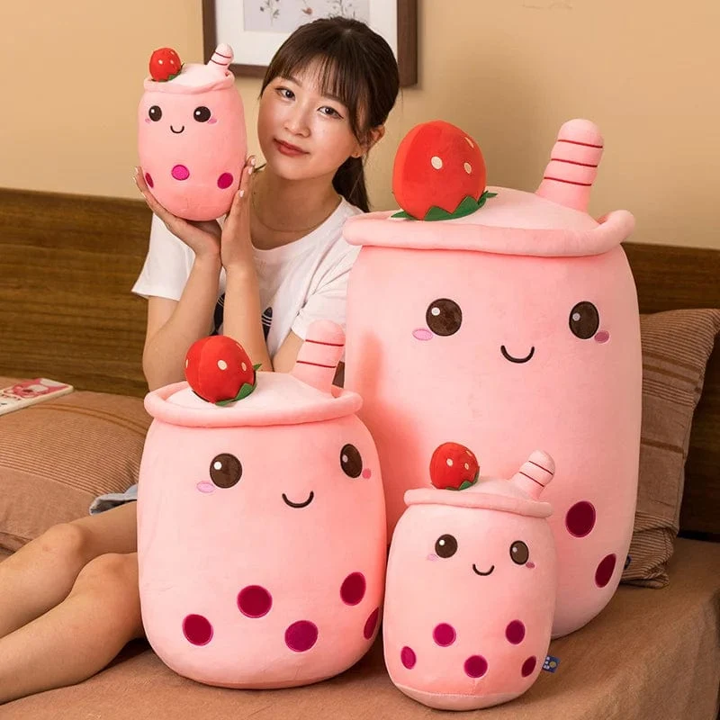Neue Ankunft Cartoon Obst Bubble Tea Cup Plüschtiere Real Life Boba Food mit Saugnapf Kissen Gefüllte weiche Umarmung Kissen Dekor