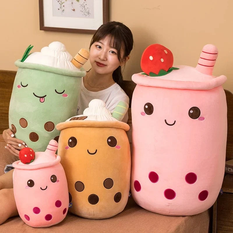 Neue Ankunft Cartoon Obst Bubble Tea Cup Plüschtiere Real Life Boba Food mit Saugnapf Kissen Gefüllte weiche Umarmung Kissen Dekor