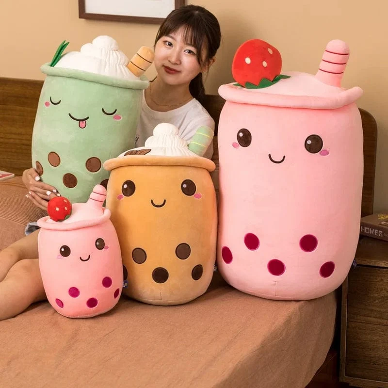 Neue Ankunft Cartoon Obst Bubble Tea Cup Plüschtiere Real Life Boba Food mit Saugnapf Kissen Gefüllte weiche Umarmung Kissen Dekor