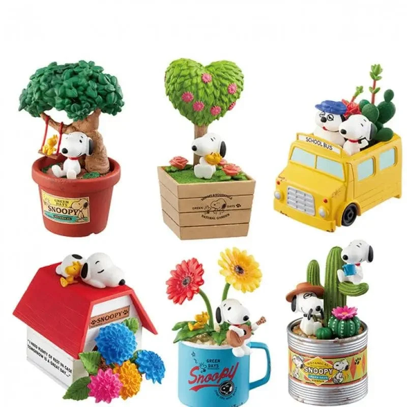 Snoopy Green Days Anime-Figurenmodelle, grüne Topfpflanze, Tischdekoration, Anime-Peripheriegeräte, Spielzeug, Kawaii-Puppen, Geschenke für Kinder