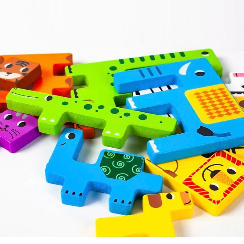 Montessori Tierfiguren Transport Holzpuzzle Russische Blöcke Niedliche Tiere Puzzle Spielzeug Beruf
