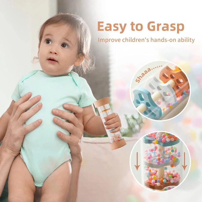 Montessori Baby-Regenstab, Regenbogen-Sanduhr, Regen, Musik, Rassel, Baby-Lernspielzeug, buntes Montessori-Sensorik-Spielzeug für Kinder