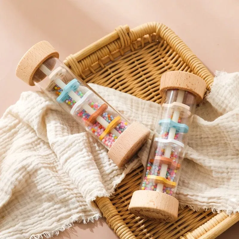 Montessori Baby-Regenstab, Regenbogen-Sanduhr, Regen, Musik, Rassel, Baby-Lernspielzeug, buntes Montessori-Sensorik-Spielzeug für Kinder