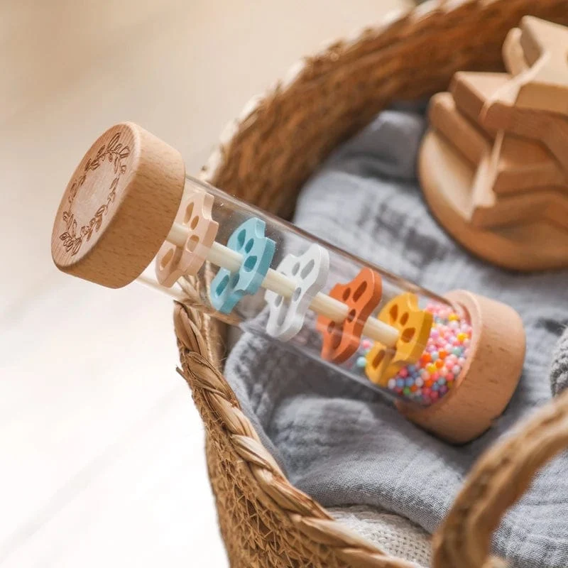 Montessori Baby-Regenstab, Regenbogen-Sanduhr, Regen, Musik, Rassel, Baby-Lernspielzeug, buntes Montessori-Sensorik-Spielzeug für Kinder