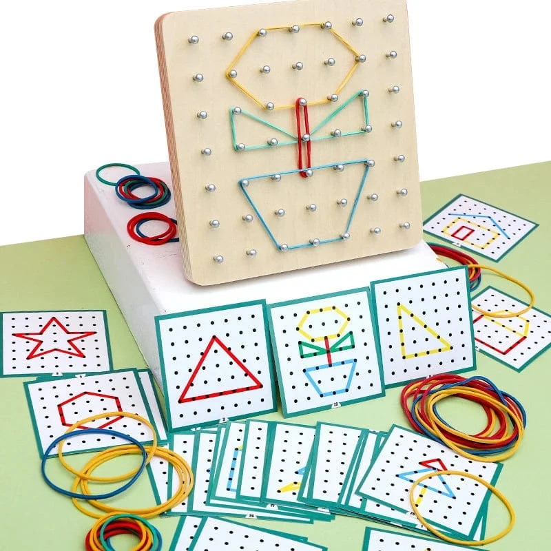Holzgeometrie-Puzzle, Nagelbrett-Grafiken, geometrisches, kreatives Mathematik-Montessori-Spielzeug für die frühe Bildung von Kindern