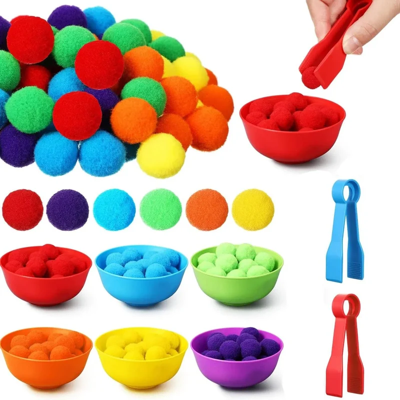 Regenbogen-Zähl-Pompons-Spielzeug für 3-jährige Kinder, Sortierbecher, Montessori-Sensorik-Spielzeug, Vorschul-Lernaktivitäten, Mathe-Spielzeug