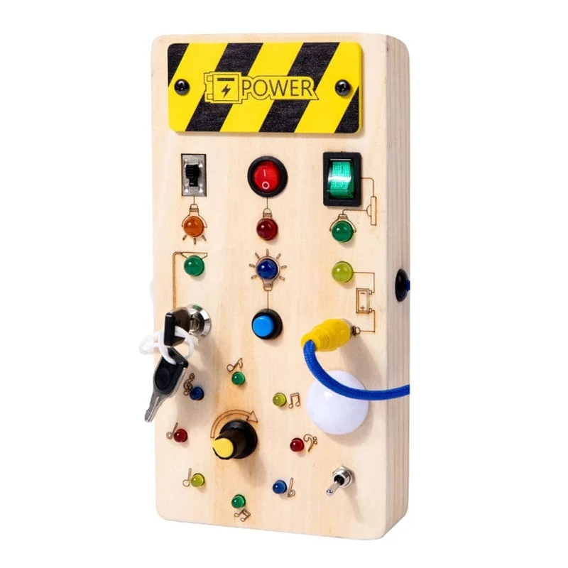 Montessori Busy Board Sensorisches Spielzeug aus Holz mit LED-Lichtschalter-Steuerplatine Reiseaktivitäten Kinderspiele für 2–4 Jahre alt