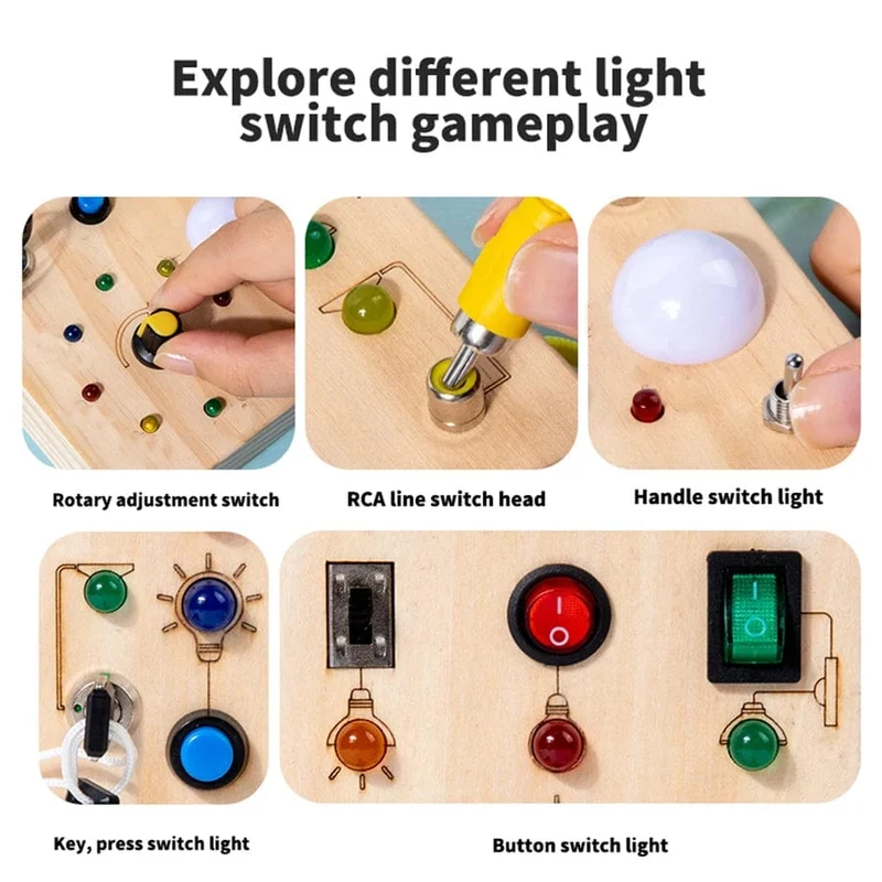 Montessori Busy Board Sensorisches Spielzeug aus Holz mit LED-Lichtschalter-Steuerplatine Reiseaktivitäten Kinderspiele für 2–4 Jahre alt