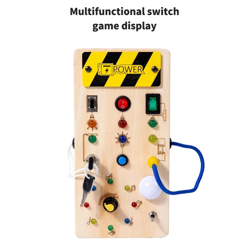 Montessori Busy Board Sensorisches Spielzeug aus Holz mit LED-Lichtschalter-Steuerplatine Reiseaktivitäten Kinderspiele für 2–4 Jahre alt