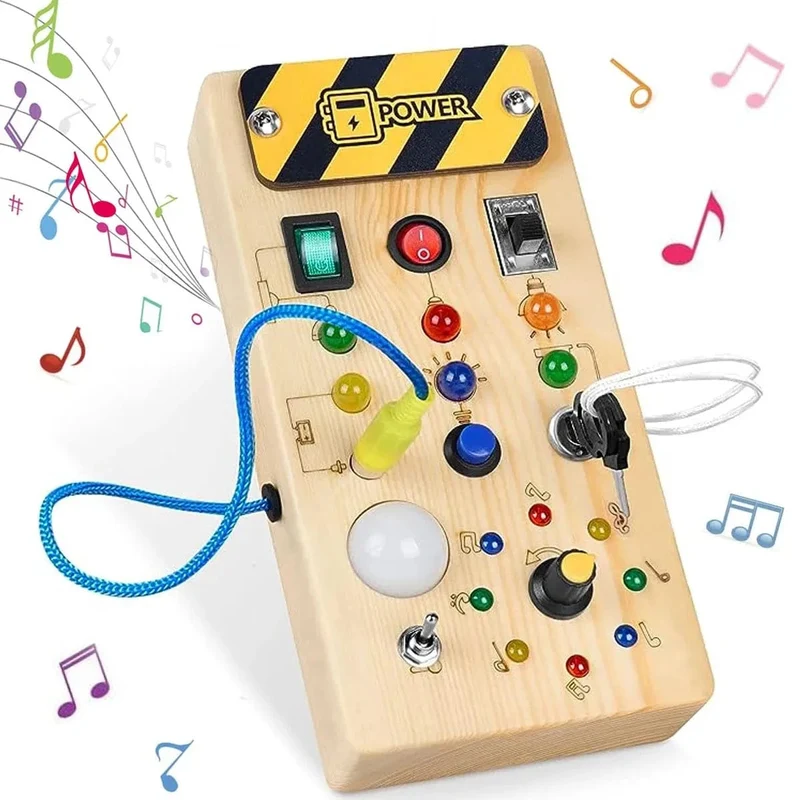 Montessori Busy Board Sensorisches Spielzeug aus Holz mit LED-Lichtschalter-Steuerplatine Reiseaktivitäten Kinderspiele für 2–4 Jahre alt