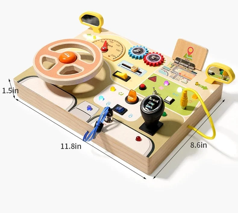 Montessori Busy Board Sensorisches Spielzeug aus Holz mit LED-Lichtschalter-Steuerplatine Reiseaktivitäten Kinderspiele für 2–4 Jahre alt