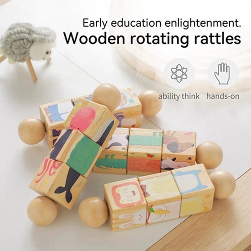 Baby Holz Rotierenden Puzzle Hand glocke Spielzeug Baby Mobile Musikalische Rassel Spielzeug Montessori Puzzle Spiel Für Babys Newbaby Geschenk