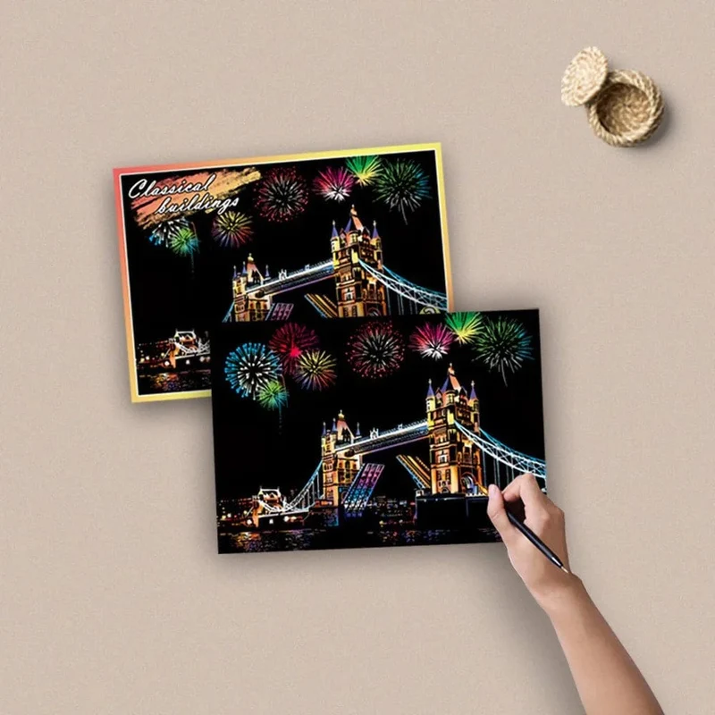 20*14cm Scratch Regenbogen Magie Malerei Papier Spielzeug Welt Stadt Attraktionen Serie Für Kinder DIY Zeichnung Erwachsene Dekompression geschenk