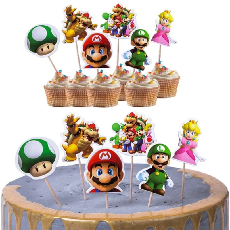 24 Teile/satz Super Mario Bros Kuchen Topper Mario Party CupCake Fahnen Cartoon Baby Dusche Kinder Geburtstag Party Kuchen Dekorationen Geschenke