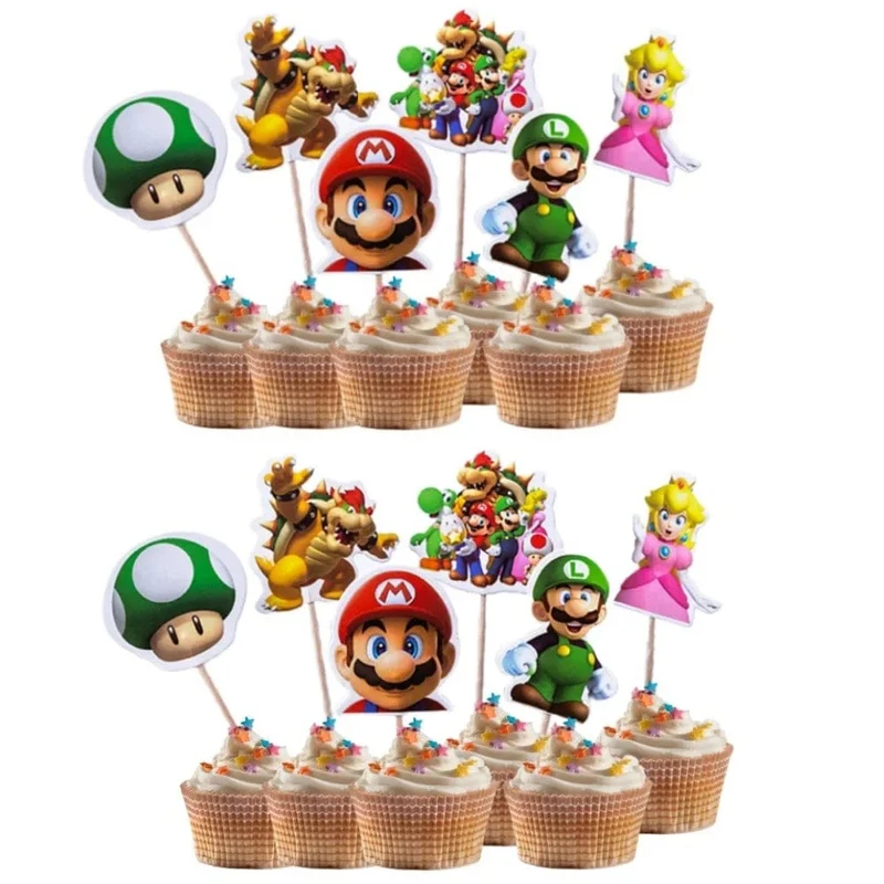 24 Teile/satz Super Mario Bros Kuchen Topper Mario Party CupCake Fahnen Cartoon Baby Dusche Kinder Geburtstag Party Kuchen Dekorationen Geschenke