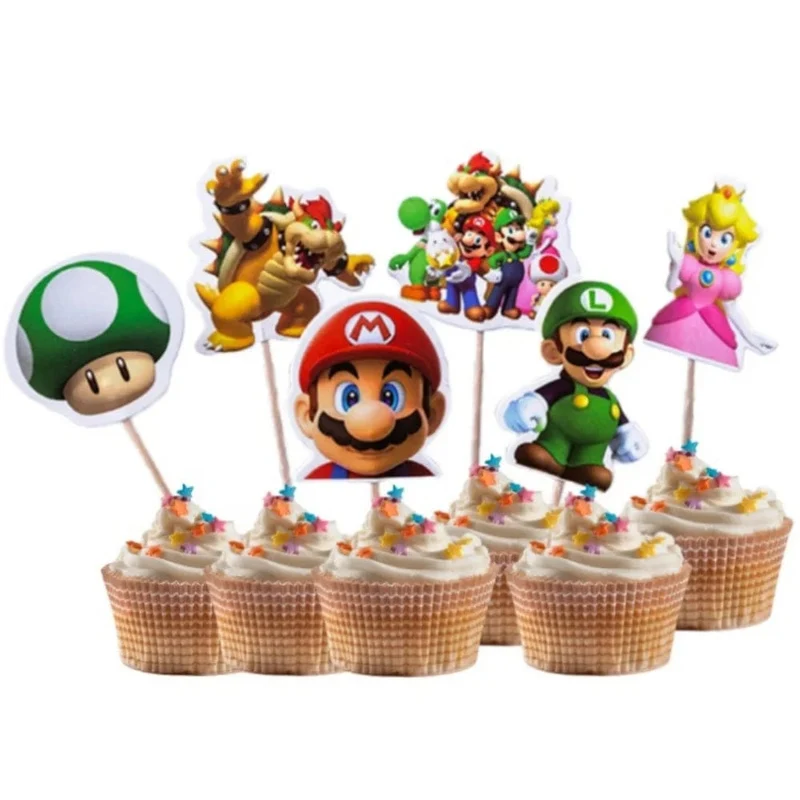 24 Teile/satz Super Mario Bros Kuchen Topper Mario Party CupCake Fahnen Cartoon Baby Dusche Kinder Geburtstag Party Kuchen Dekorationen Geschenke