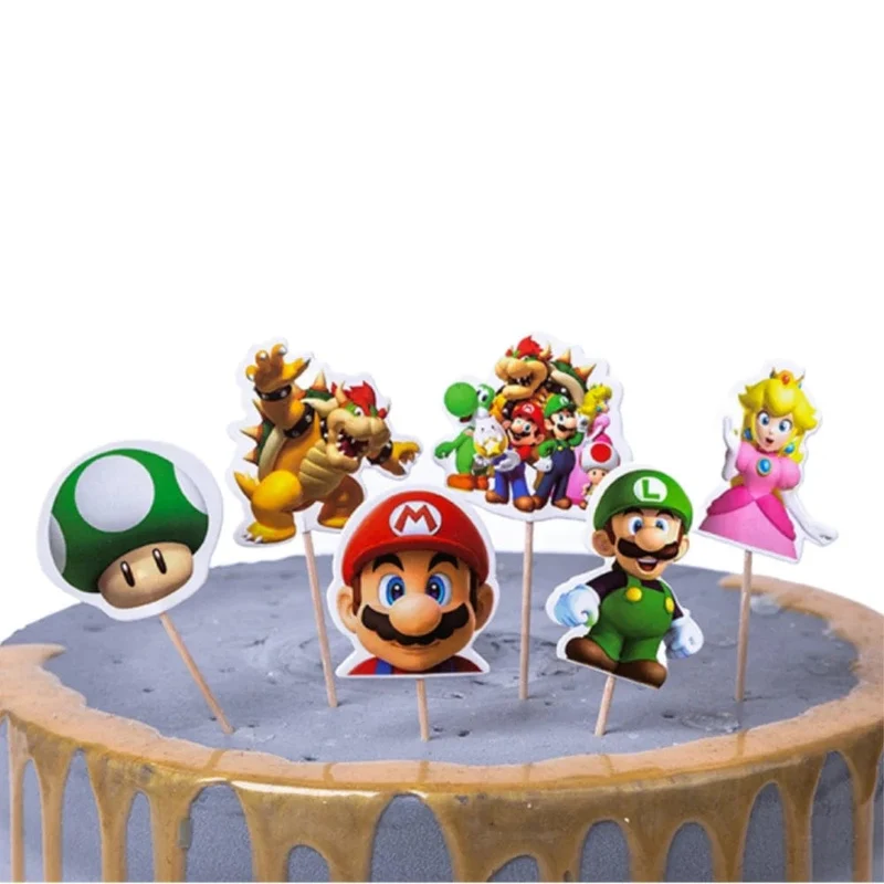 24 Teile/satz Super Mario Bros Kuchen Topper Mario Party CupCake Fahnen Cartoon Baby Dusche Kinder Geburtstag Party Kuchen Dekorationen Geschenke
