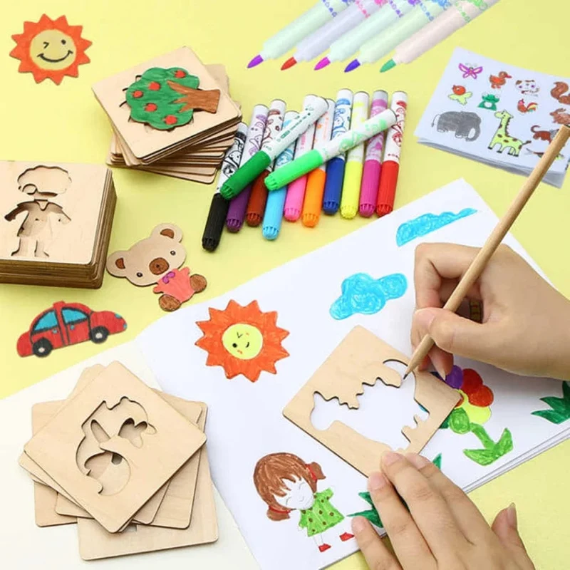 20 stücke Montessori Kinder Zeichnung Spielzeug Holz DIY Malerei Vorlage Schablonen Lernen Pädagogisches Spielzeug für Kinder Holz Spielzeug Geschenk