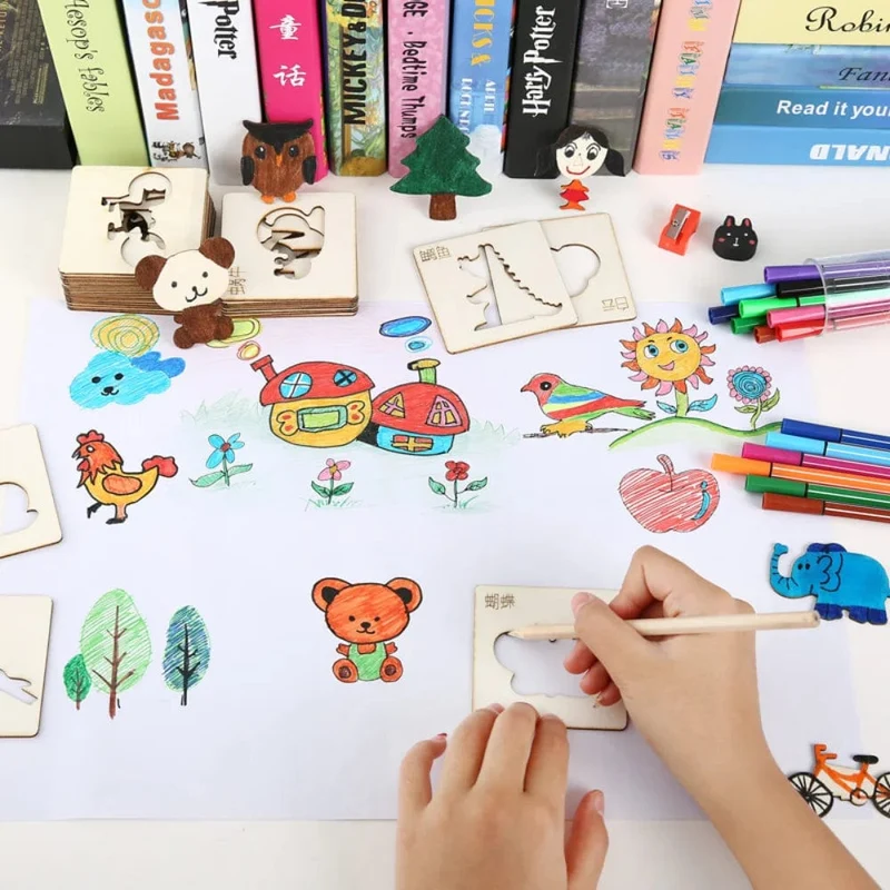 20 stücke Montessori Kinder Zeichnung Spielzeug Holz DIY Malerei Vorlage Schablonen Lernen Pädagogisches Spielzeug für Kinder Holz Spielzeug Geschenk