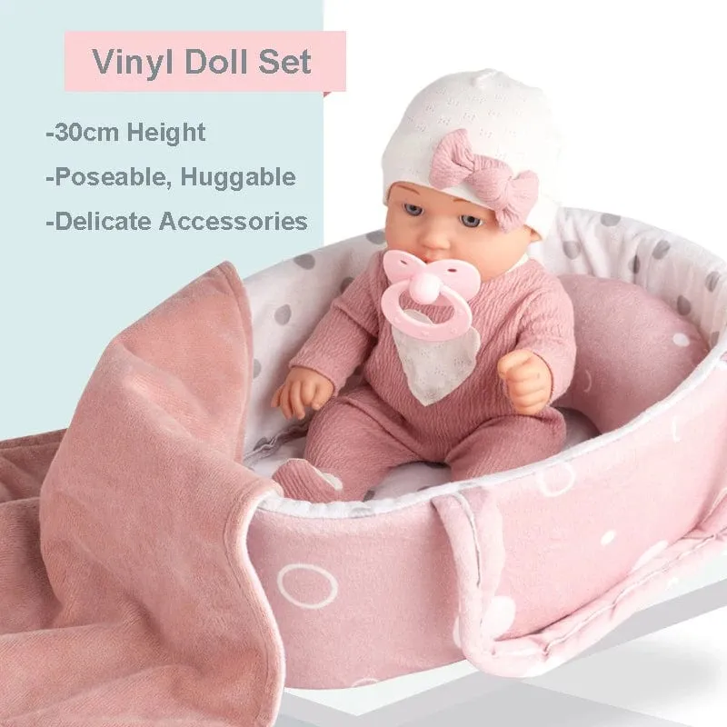 12''/30 cm Babypuppen-Spielset in Geschenkbox mit Zubehör, rosa Schnuller, Vinyl-Reborn-Puppenspielzeug, Weihnachtsgeschenk für Mädchen und Jungen