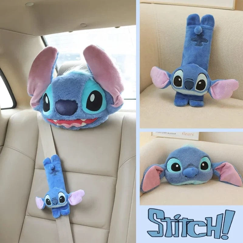 Disney Stitch Auto Sicherheitsgurtbezug Nackenkissen Cartoon Anime Kopfstütze Nackenstütze Universal Auto Plüsch Niedliche Innenausstattung