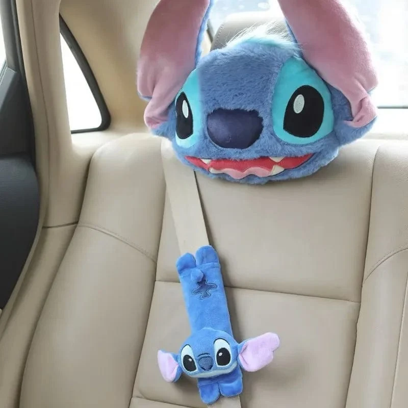Disney Stitch Auto Sicherheitsgurtbezug Nackenkissen Cartoon Anime Kopfstütze Nackenstütze Universal Auto Plüsch Niedliche Innenausstattung