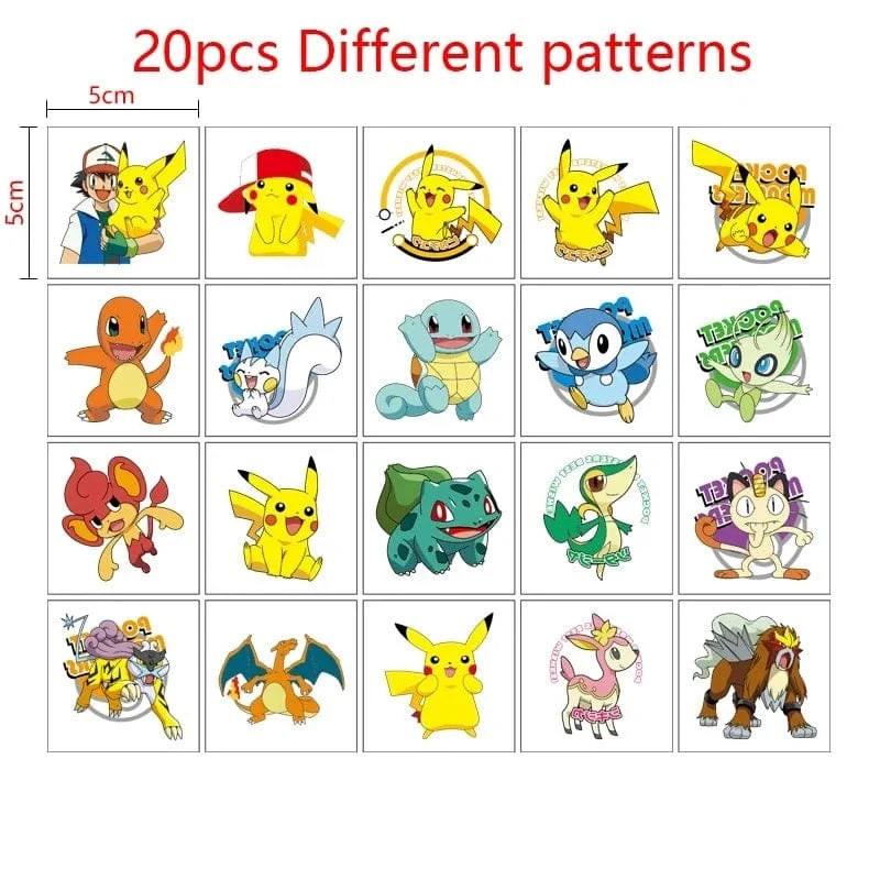 20 Stück Pokemon Pikachu Tattoo-Aufkleber, wasserdicht, Anime-Aufkleber, Actionfigur, Spielzeug, Cartoon, Belohnungsspielzeug für Kinder, Geburtstag, Weihnachtsgeschenk