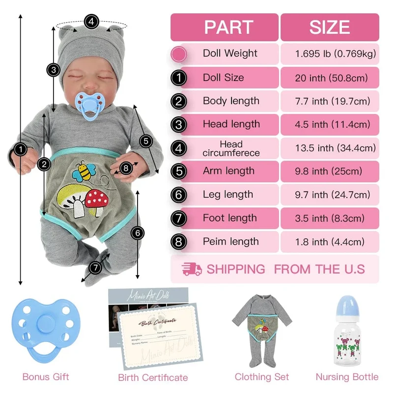 20 Zoll Levi Reborn Baby Realistischer Vinylkörper Lebendig LoL Bebe Neugeborene Fertige, mit Haaren bemalte Puppe Kinder Mädchen Geschenkpuppen 4.7