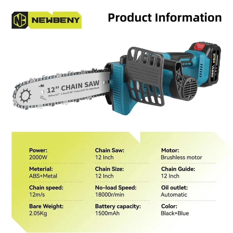 12 Zoll bürstenlose elektrische Säge mit Öler, schnurlose, tragbare Garten-Holzbearbeitungs-Schneidwerkzeugmaschine für Makita 18V-Batterie