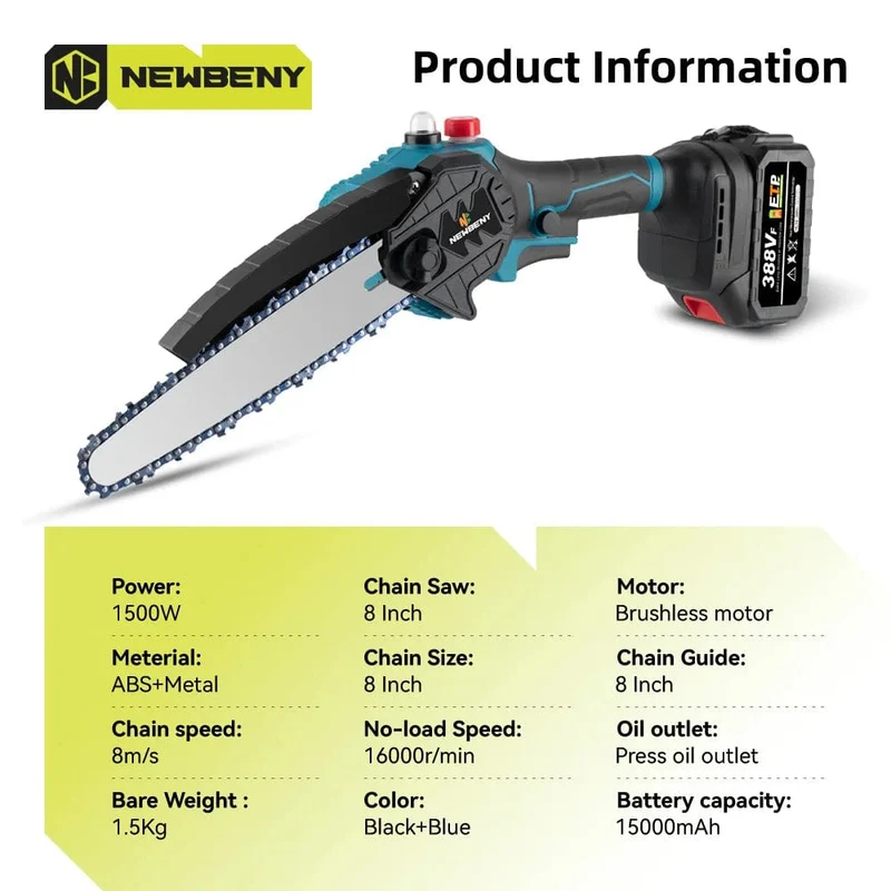 NEWBENY 8 Zoll bürstenlose elektrische Säge mit Öler, kabellose Holzbearbeitungs-Gartensäge, Elektrowerkzeuge für Makita 18V Batterie
