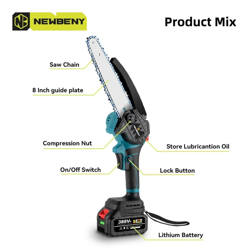 NEWBENY 8 Zoll bürstenlose elektrische Säge mit Öler, kabellose Holzbearbeitungs-Gartensäge, Elektrowerkzeuge für Makita 18V Batterie
