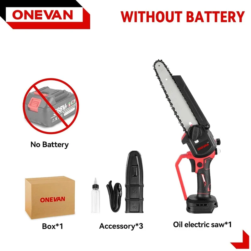 ONEVAN Bürstenlose 8-Zoll-Elektrosäge mit automatischem Öler, Handgeführtes Garten-Beschneiden-Kettensägen-Holzbearbeitungswerkzeug für Makita 18-V-Akku