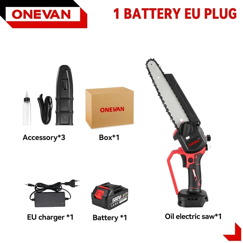 ONEVAN Bürstenlose 8-Zoll-Elektrosäge mit automatischem Öler, Handgeführtes Garten-Beschneiden-Kettensägen-Holzbearbeitungswerkzeug für Makita 18-V-Akku