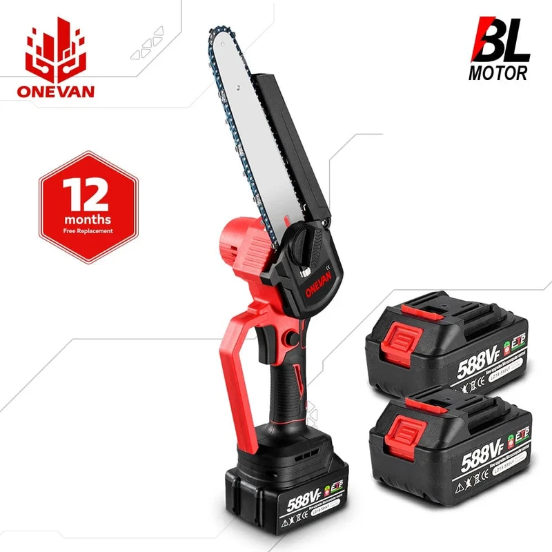 ONEVAN Bürstenlose 8-Zoll-Elektrosäge mit automatischem Öler, Handgeführtes Garten-Beschneiden-Kettensägen-Holzbearbeitungswerkzeug für Makita 18-V-Akku