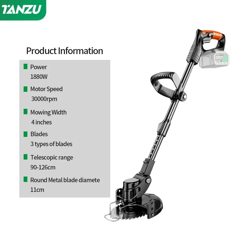 Elektrischer Rasenmäher 21V Handheld 1880W Grasschneiden Holztrimmer Länge einstellbar mit Batterie Schnurloser Gartenstrombeschnitt
