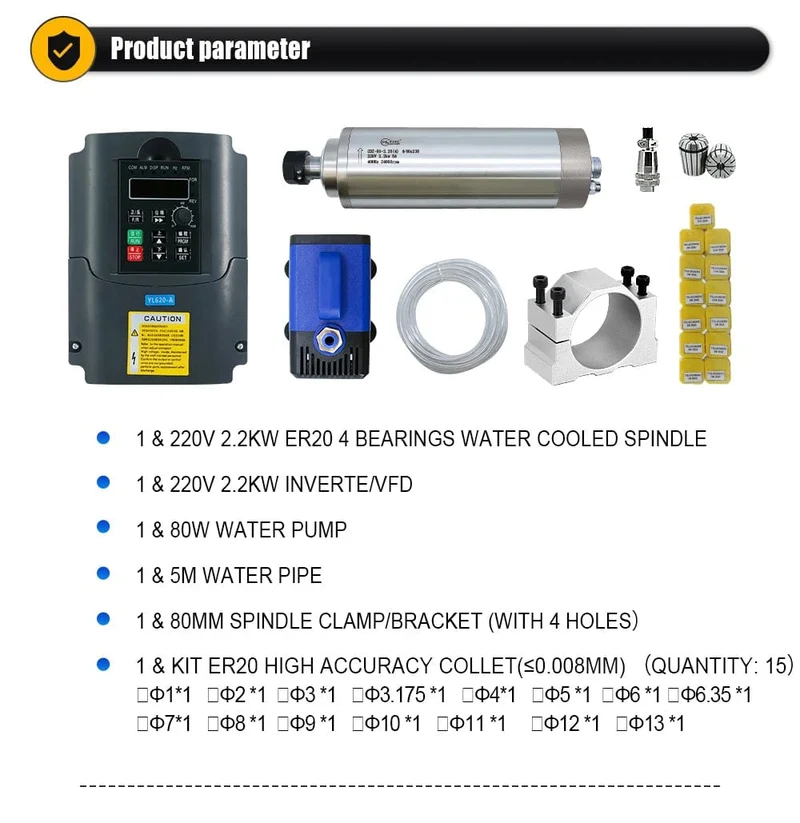 Verkauf Wasserkühlung Spindelmotor Kit 2.2 kW 2200 W Runde Spindel 24000 RPM + VFD Inverter Mit RS485 + 13 stücke ER20 Für CNC Fräsen