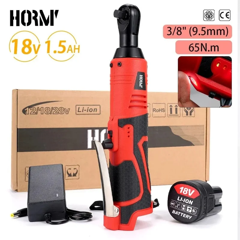 Hormy 3/8 Zoll kabelloser elektrischer Schraubenschlüssel, 65 Nm, rechtwinkliger Ratschenschlüssel, 18 V, wiederaufladbarer Autoreparatur-Werkzeugsatz, Winkelschlüssel