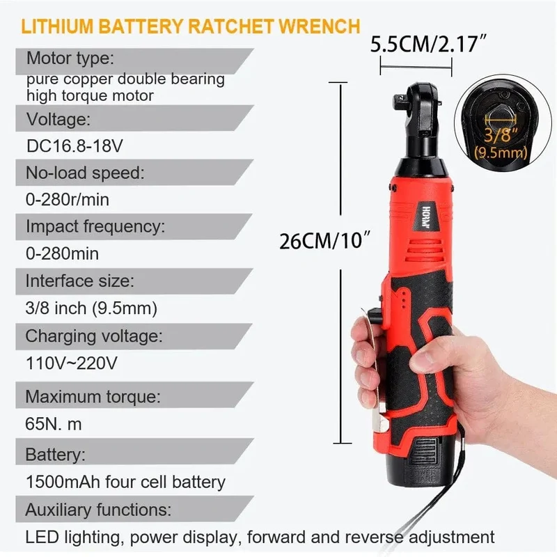 Hormy 3/8 Zoll kabelloser elektrischer Schraubenschlüssel, 65 Nm, rechtwinkliger Ratschenschlüssel, 18 V, wiederaufladbarer Autoreparatur-Werkzeugsatz, Winkelschlüssel