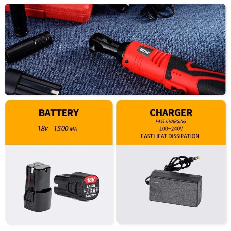 Hormy 3/8 Zoll kabelloser elektrischer Schraubenschlüssel, 65 Nm, rechtwinkliger Ratschenschlüssel, 18 V, wiederaufladbarer Autoreparatur-Werkzeugsatz, Winkelschlüssel