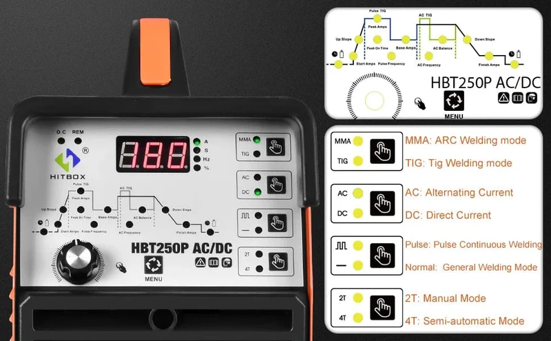 HITBOX AC/DC Aluminium WIG-Schweißgerät HBT250P HF WIG/MMA ARC Stabschweißgerät mit Puls-Argonschweißen IGBT Inverter 2T/4T