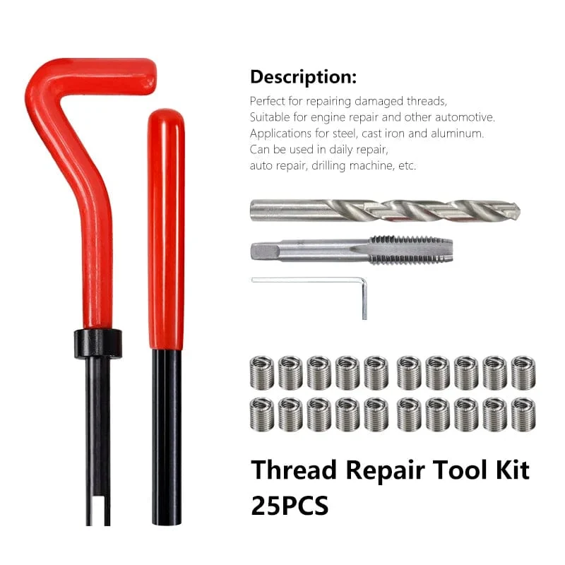 XCAN Gewindereparaturwerkzeug, 25-teilig, M3/M4/M5/M6/M7/M8/M10/M12/14, zur Wiederherstellung beschädigter Gewinde, Schraubenschlüssel, Spiralbohrer, Handwerkzeug