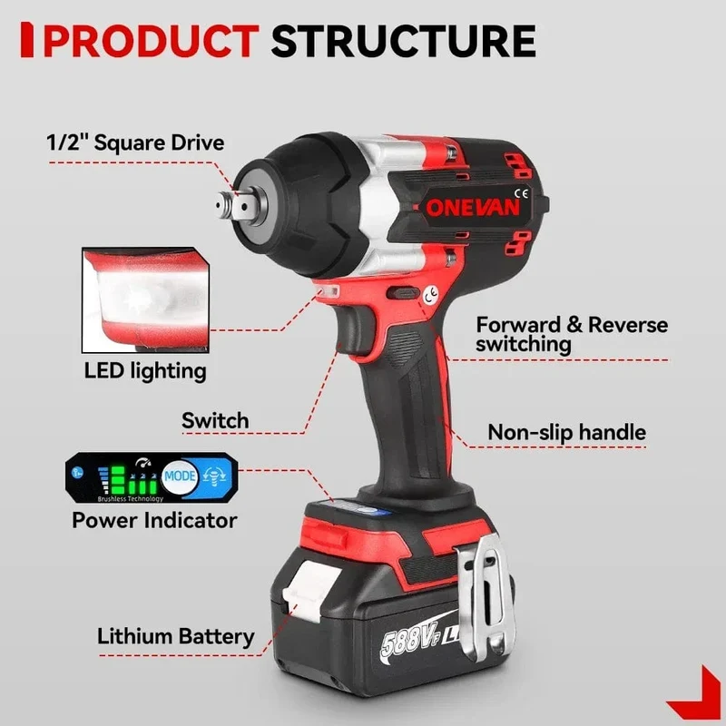 ONEVAN 1800N.M Drehmoment Bürstenloser Elektrischer Schlagschrauber 1/2 Zoll Lithium-Ionen Batterie Cordless Power Tool Für Makita 18V Batterie