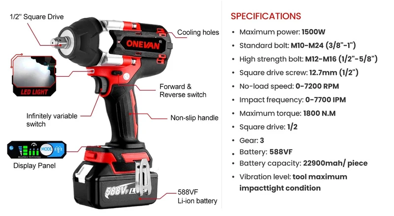 ONEVAN 1800N.M Drehmoment Bürstenloser Elektrischer Schlagschrauber 1/2 Zoll Lithium-Ionen Batterie Cordless Power Tool Für Makita 18V Batterie