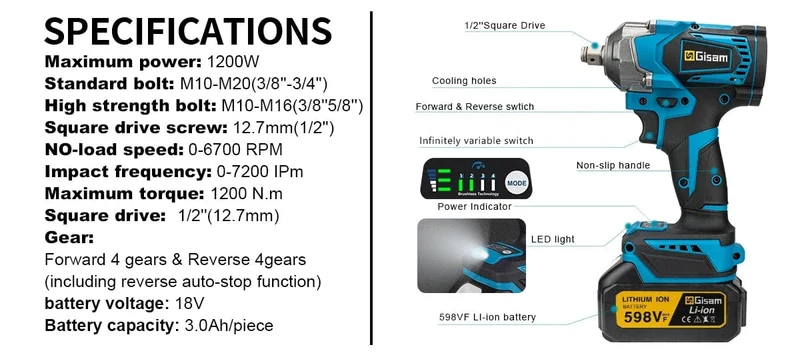 1200N.M Drehmoment Bürstenloser Elektrischer Schlagschrauber 1/2 Zoll Akku-Elektroschrauber Schraubendreher Elektrowerkzeuge für Makita 18V Batterie