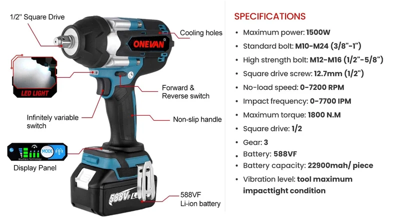 ONEVAN 1800N.M Drehmoment Bürstenloser Elektrischer Schlagschrauber 1/2 Zoll Schraubendreher Akkuschrauber Elektrowerkzeuge Für Makita 18V Batterie