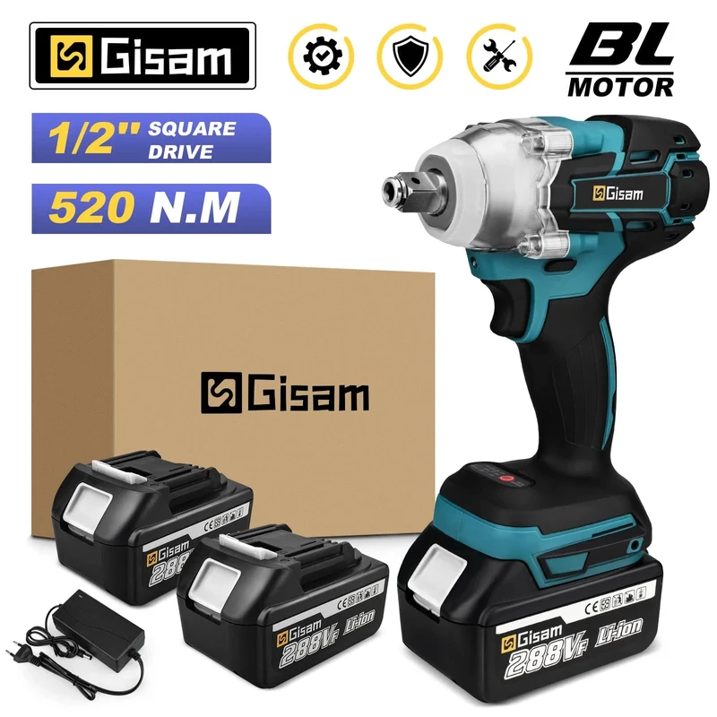 Gisam 520N.M Bürstenloser elektrischer Schlagschrauber, kabelloser elektrischer Schraubenschlüssel 1/2 Zoll für Makita 18V Akku-Schraubendreher-Elektrowerkzeuge
