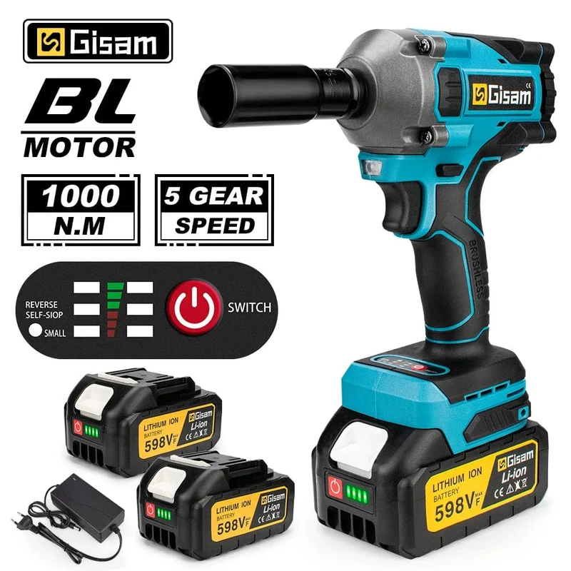 Gisam 520N.M Bürstenloser elektrischer Schlagschrauber, kabelloser elektrischer Schraubenschlüssel 1/2 Zoll für Makita 18V Akku-Schraubendreher-Elektrowerkzeuge