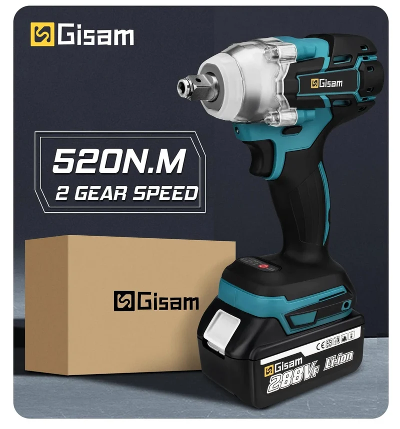 Gisam 520N.M Bürstenloser elektrischer Schlagschrauber, kabelloser elektrischer Schraubenschlüssel 1/2 Zoll für Makita 18V Akku-Schraubendreher-Elektrowerkzeuge
